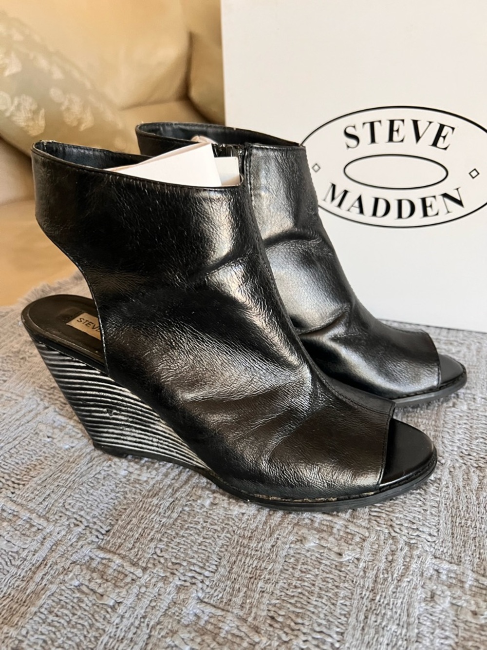 Steve Madden Black Leather Open-Toe Wedge Booties with Striped Wedge